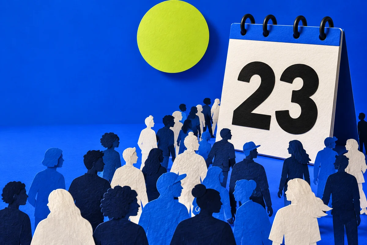 A calendar marked 23 beside a crowd of paper silhouettes