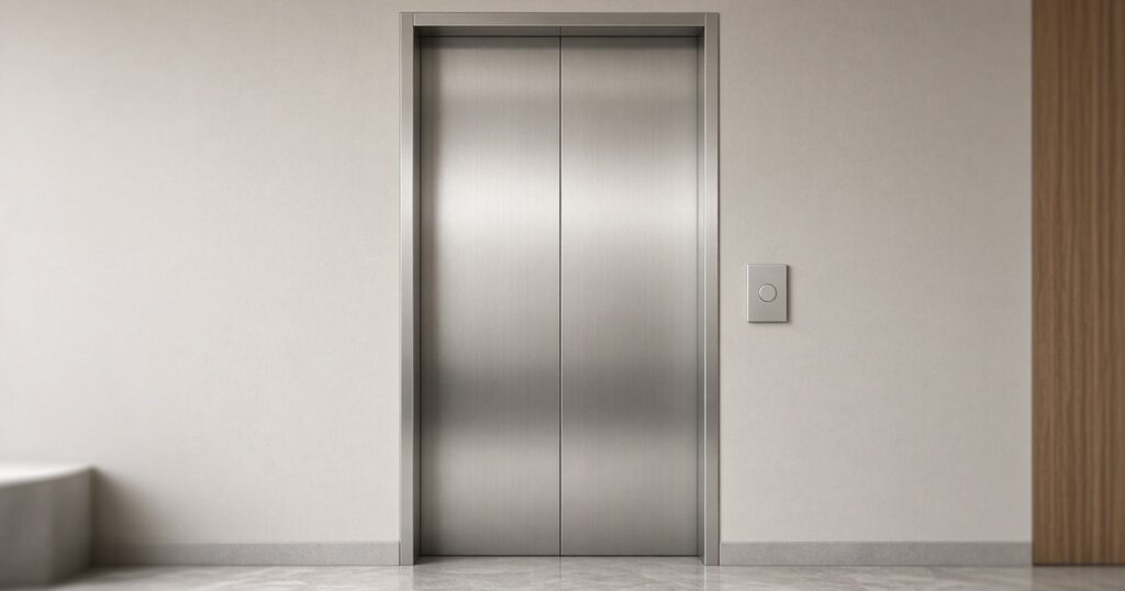 Closed brushed steel elevator doors in an empty lobby.