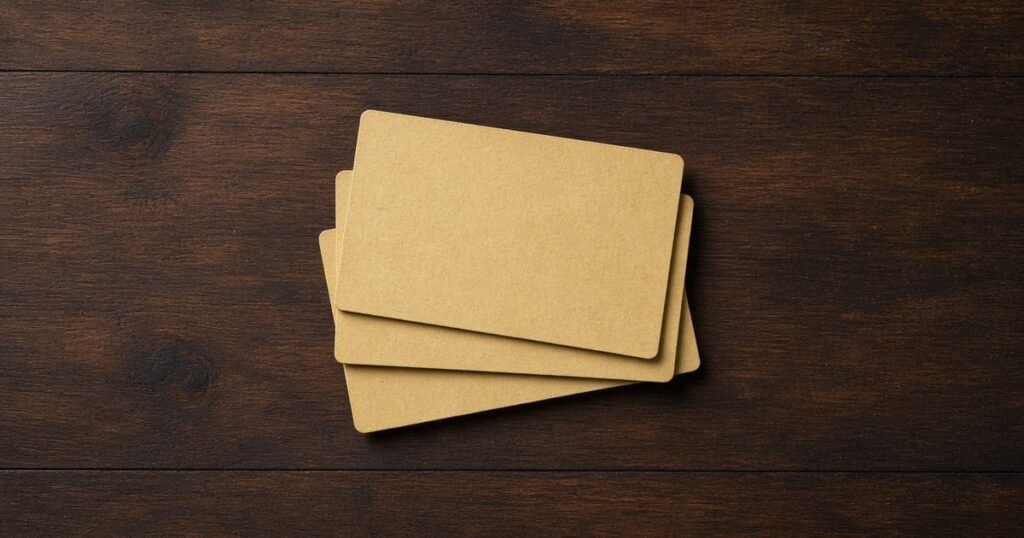 Three blank yellowed index cards fanned on dark wood.