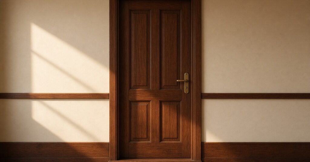 A varnished wooden cabin door with a brass handle.