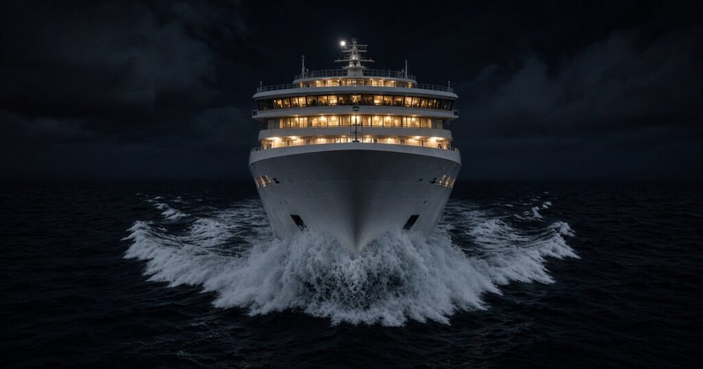 A white ocean liner head-on at night with a white bow wake under soft deck lights.
