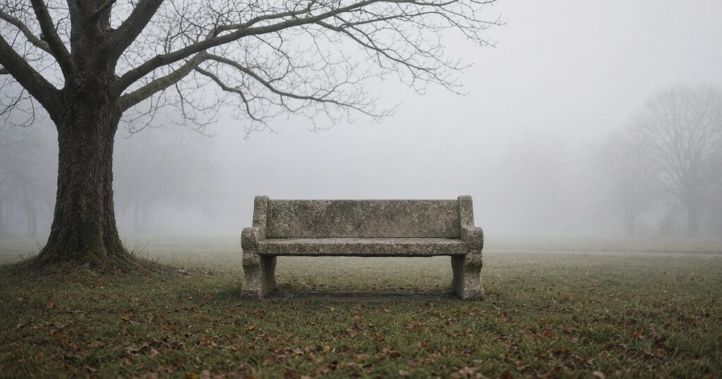 A stone bench under a bare tree in morning fog.