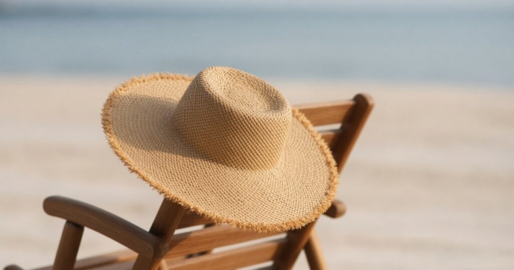 A straw sun hat on a wooden beach chair.