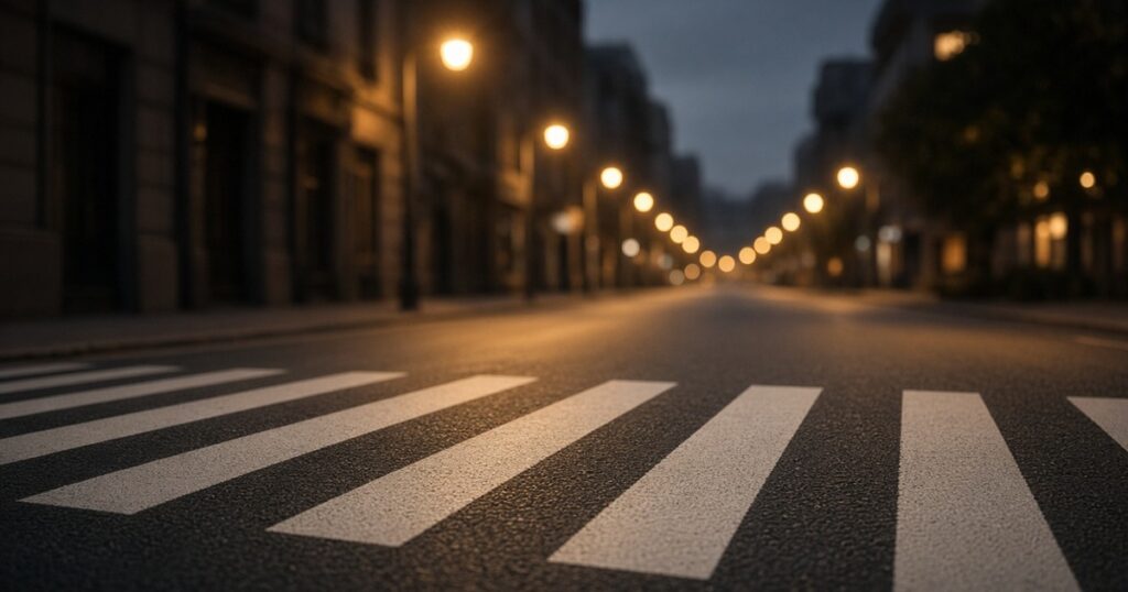 An empty crosswalk with white stripes at dusk.