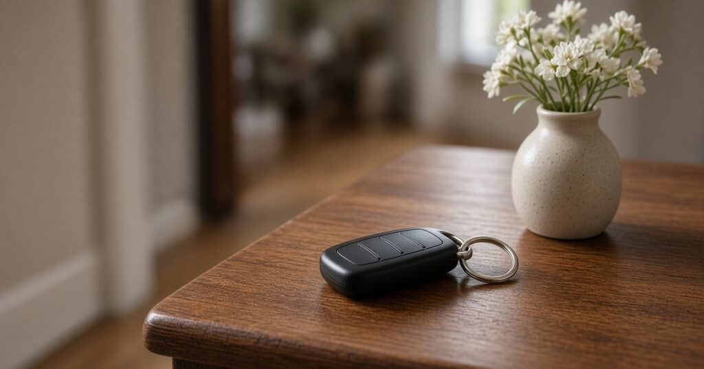 A black car key fob on a wooden hallway table beside white flowers.