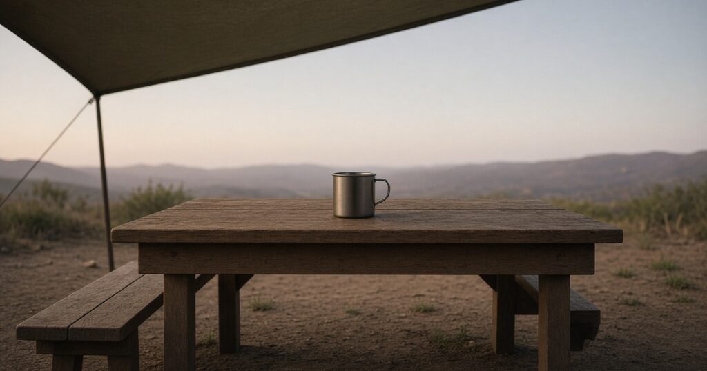 A wooden picnic table with a steel mug on dusty ground at dusk.