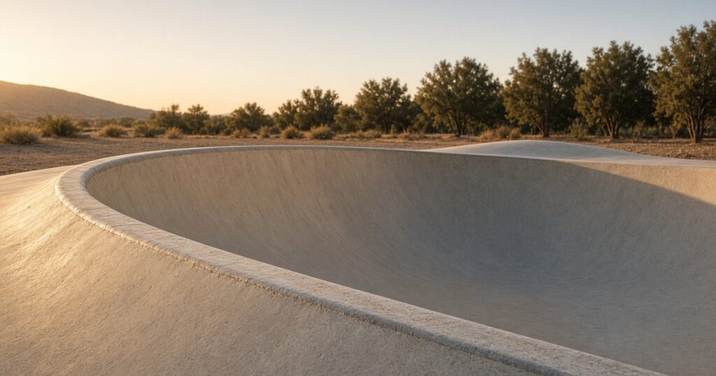 An empty concrete skate bowl edge in late afternoon light.