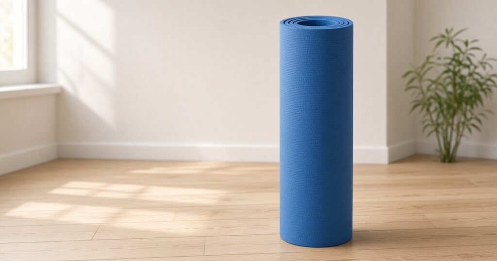 A rolled yoga mat on a wooden floor.