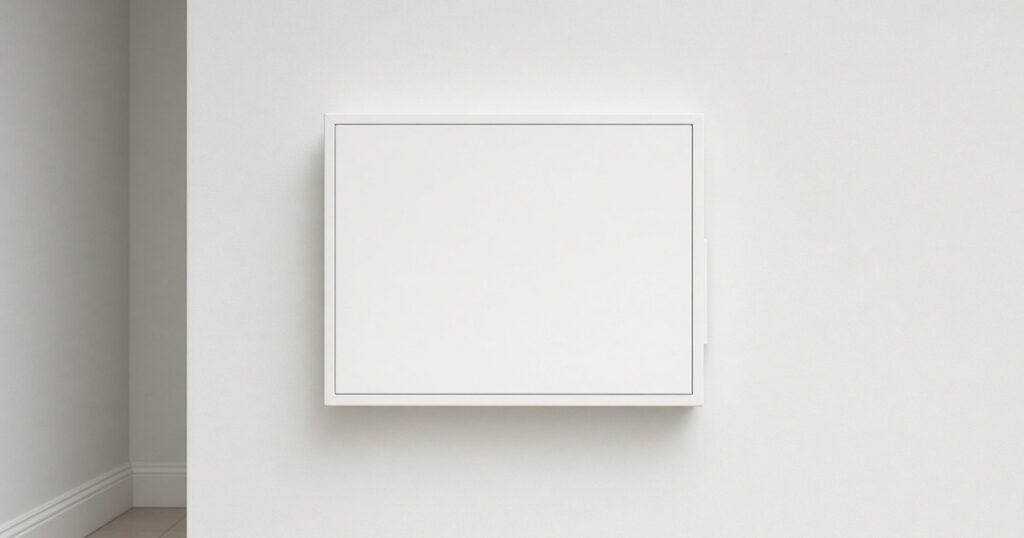 A plain white wall cabinet in a quiet corridor.