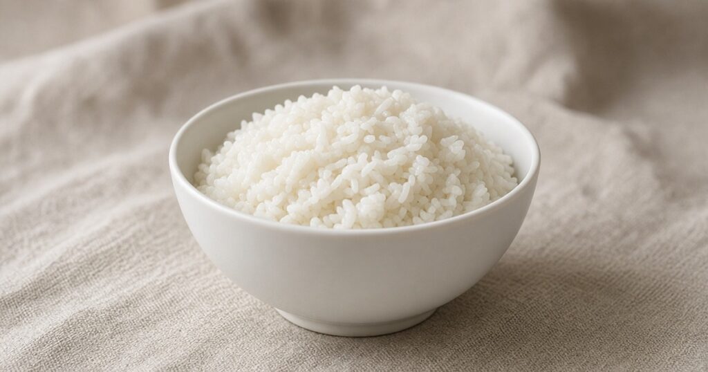 A bowl of white rice on a linen cloth.