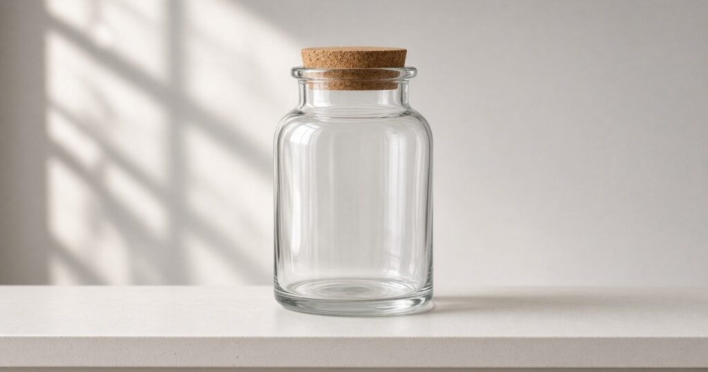 An empty glass apothecary jar with a cork lid on a shelf.