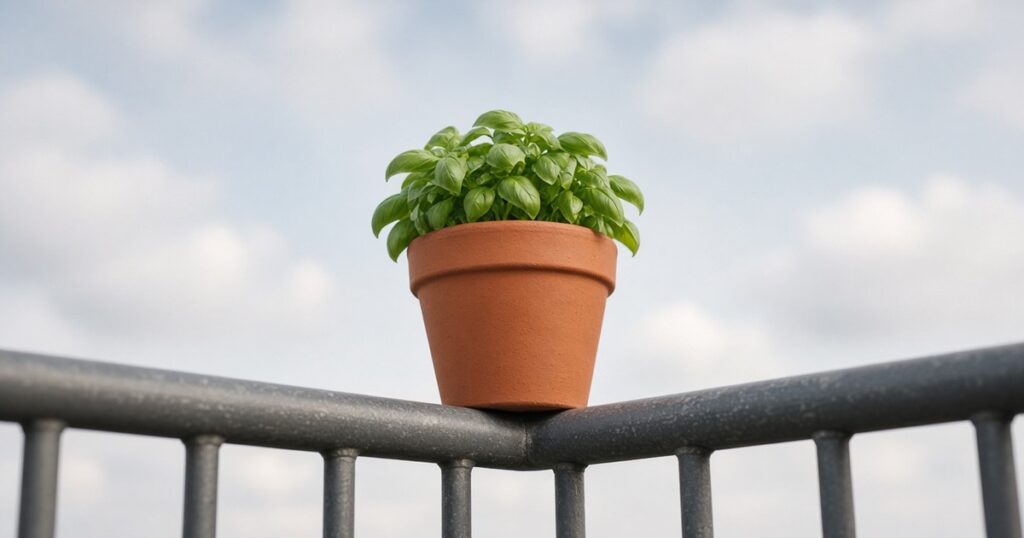 A small terracotta flowerpot with a green herb sits on top of a metal railing, seen from below against a pale cloudy sky.