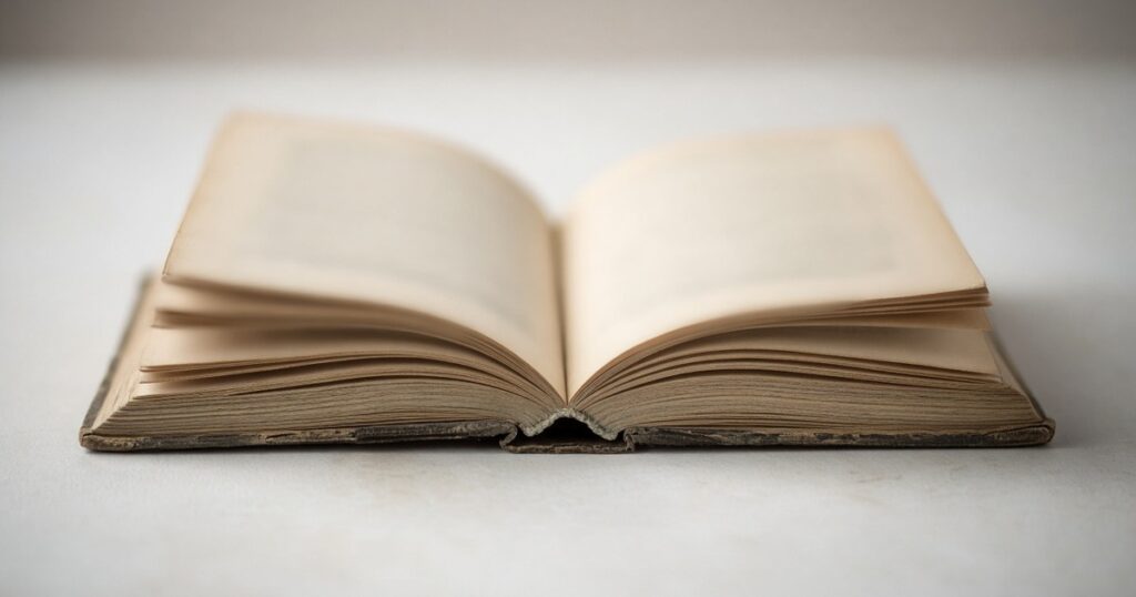 An open hardback book with blurred unreadable pages on a pale desk.