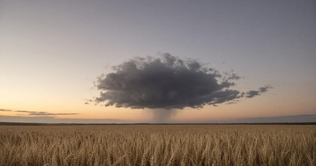 A dark storm cloud over a wheat field at dusk.