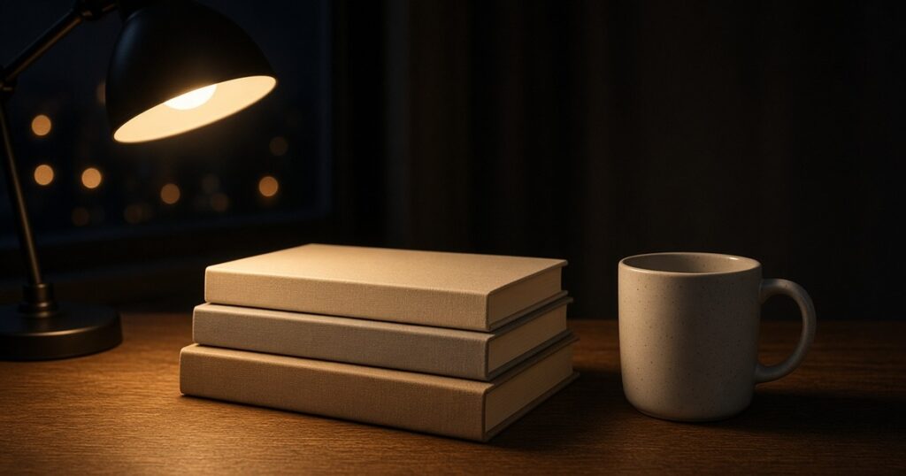 A desk lamp glowing over closed textbooks and a mug at night.