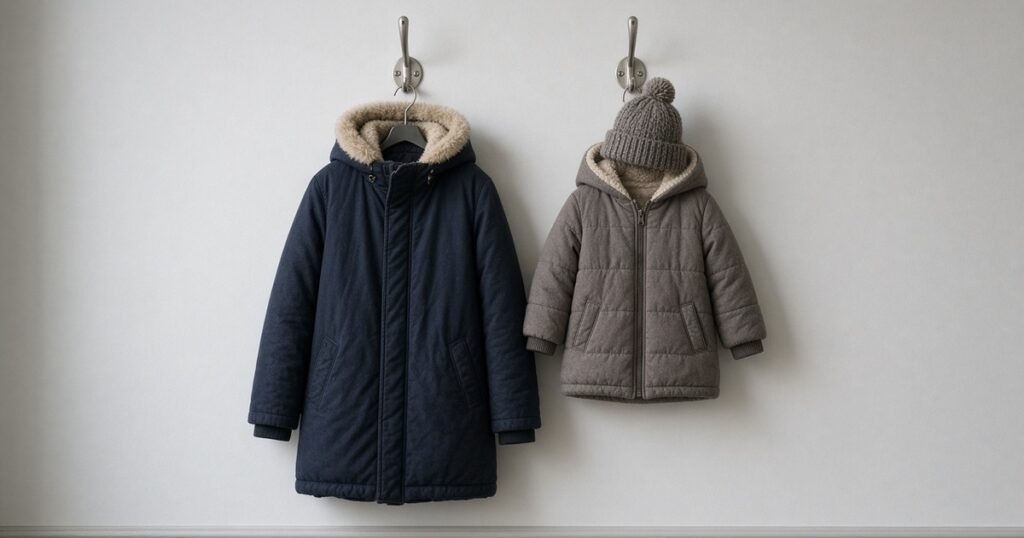 An adult's winter coat and a child's winter coat with a knit hat hanging side by side on wall hooks.