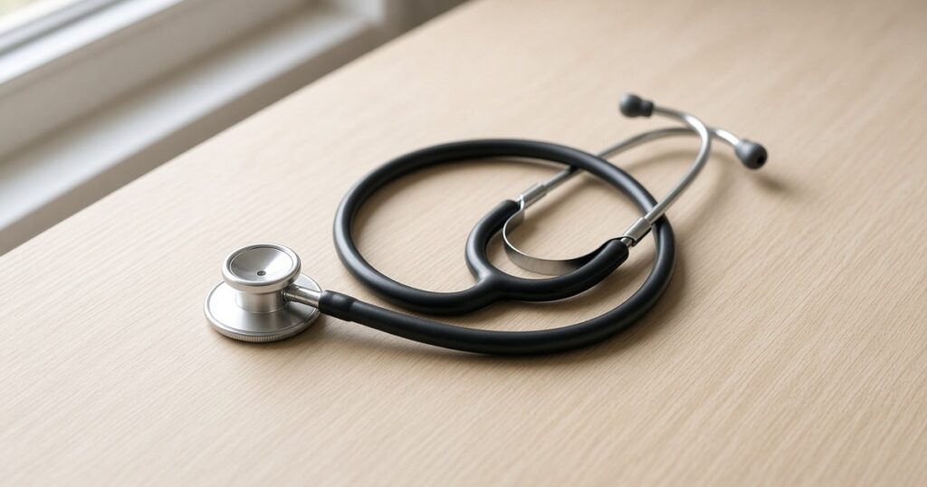 A stethoscope coiled on a wooden desk.