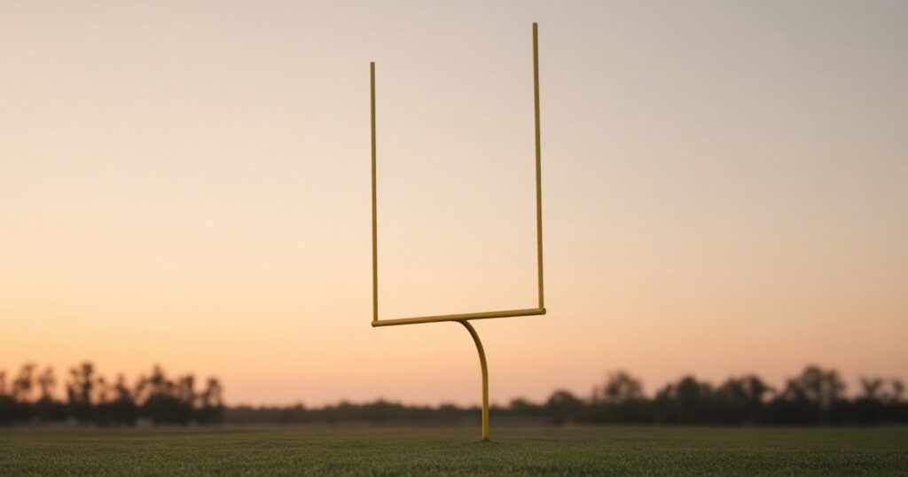 A tall yellow goal post standing alone at the end of an empty grass field at dusk.