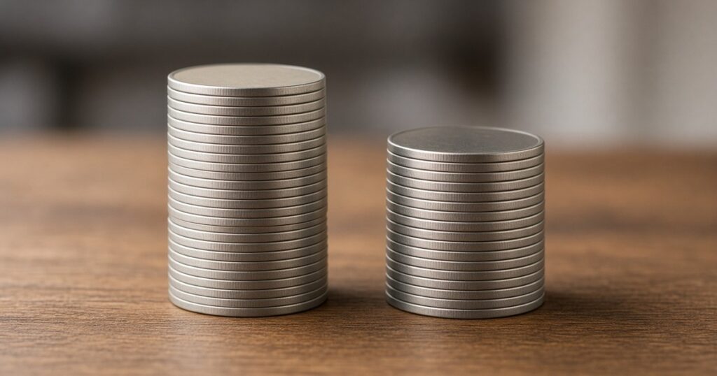Two unequal stacks of silver coins side by side on a desk.
