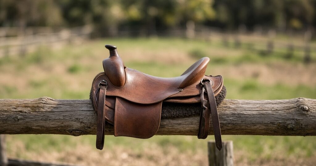 A leather saddle resting on a wooden fence rail in a paddock.