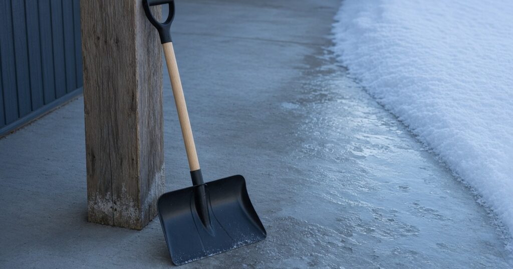 A snow shovel leaning against a wooden post beside an icy concrete walk and a snow bank.