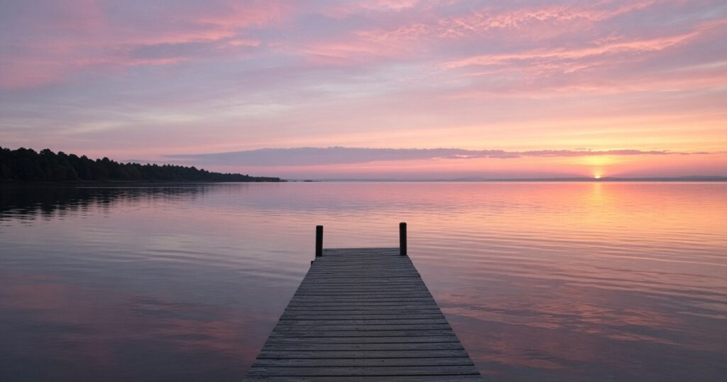 A wooden jetty extending into a calm lake at pink sunrise.