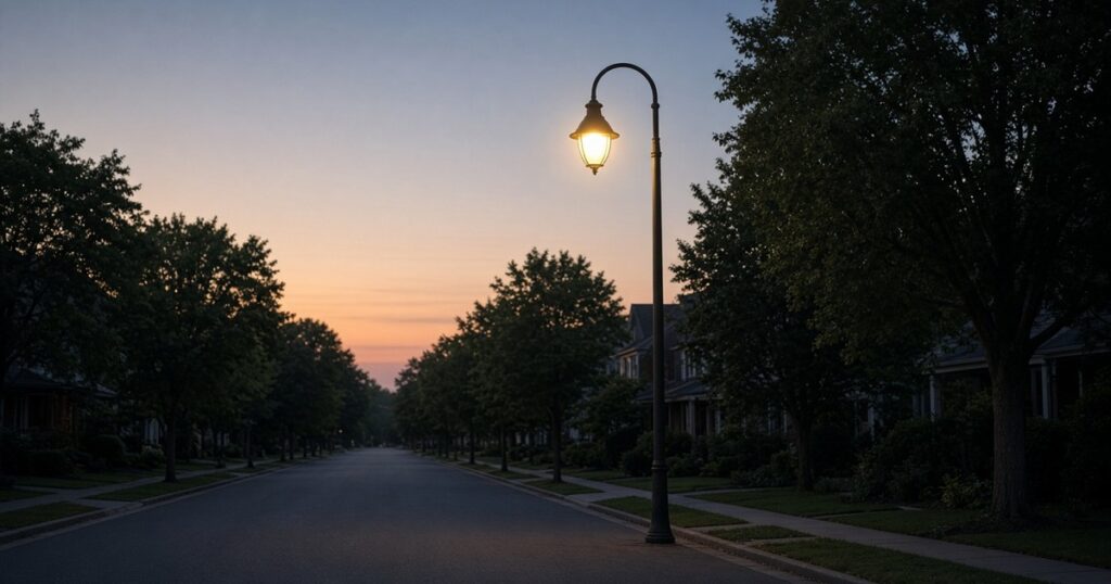 A lit street lamp on a quiet tree-lined street at dusk.