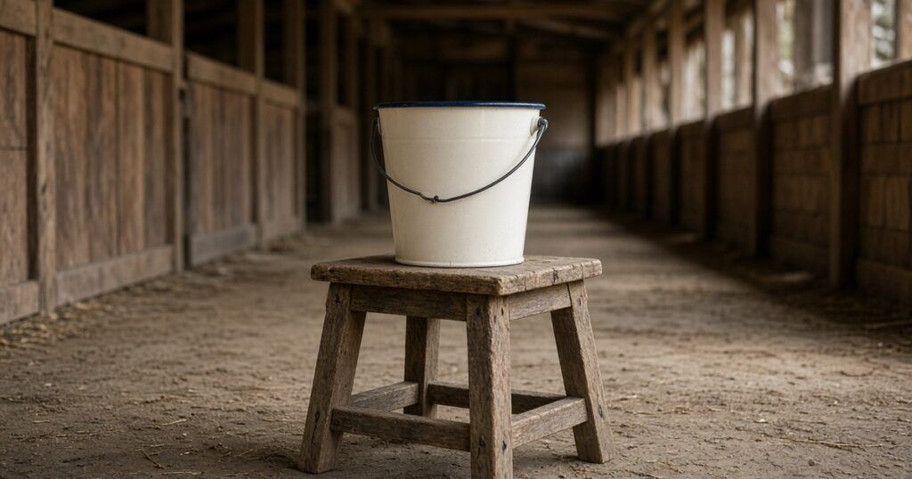 A white pail on a wooden stool in a quiet barn aisle.