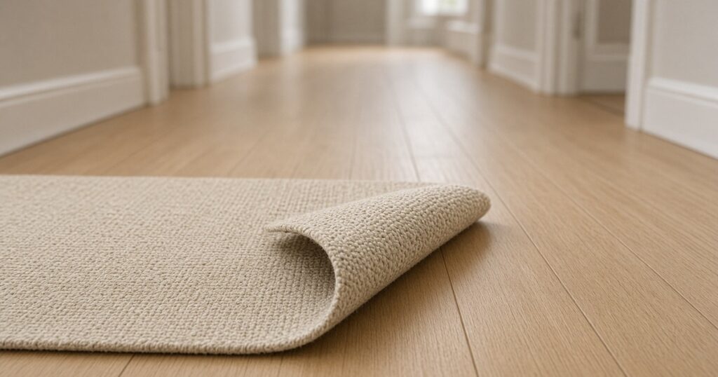 The corner of a woven rug is curled up and folded back on a pale hardwood floor in an empty hallway.