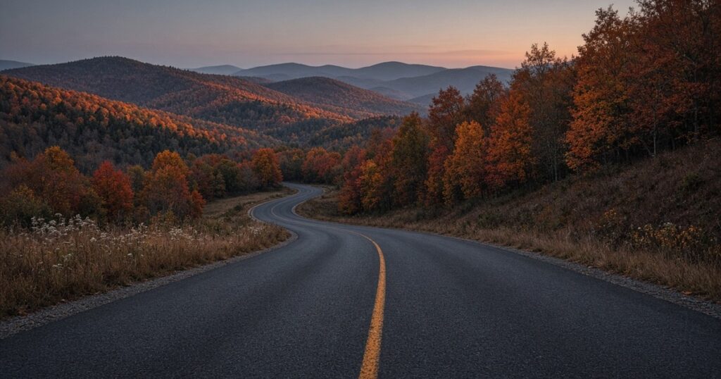 An empty two-lane road curving through autumn hills at dusk.
