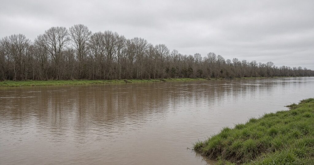 A calm full river beside a grassy bank under an overcast sky.