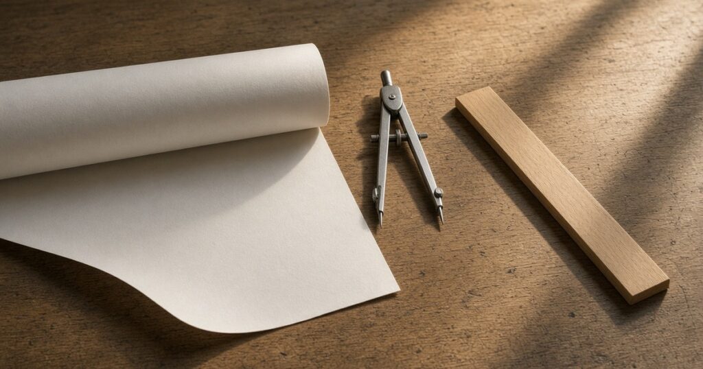 Drafting paper, a steel compass and a ruler on a wooden table.