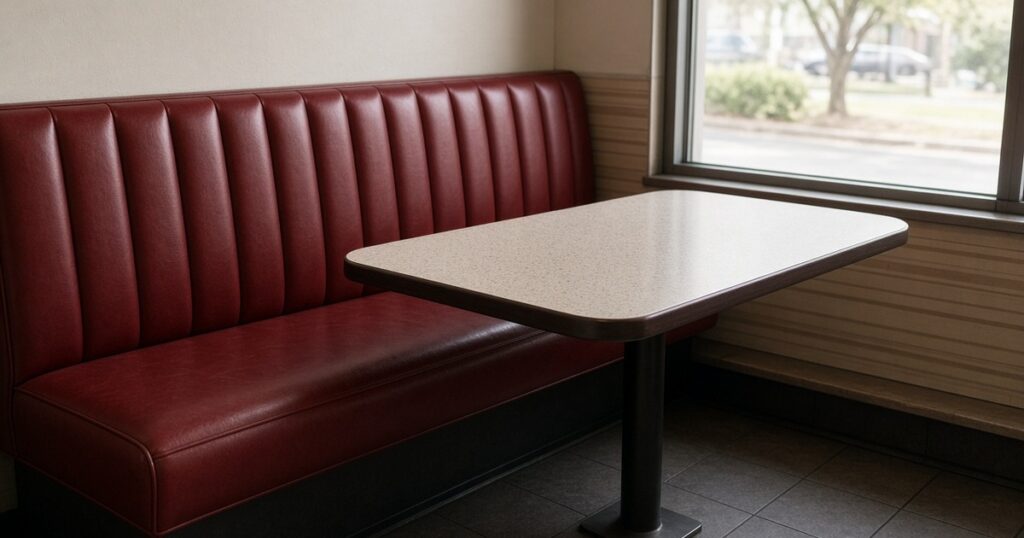 An empty booth seat and plain tabletop beside a window.