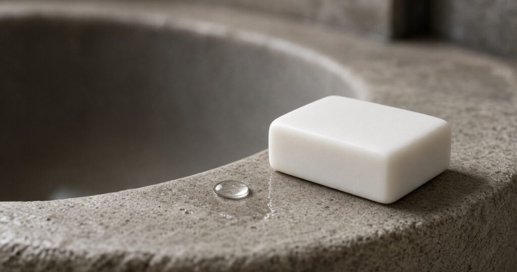 A white bar of soap on a stone sink edge.