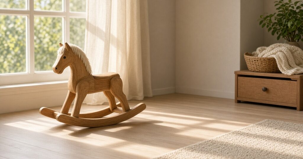 A small wooden rocking horse beside a sunlit window.