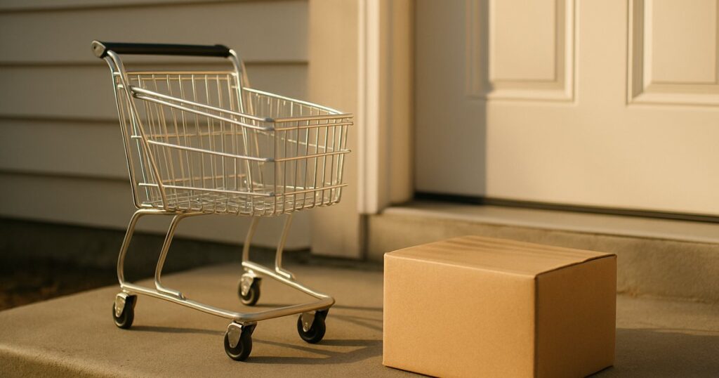 An empty shopping cart beside a cardboard parcel on a doorstep.