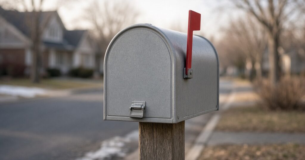 A gray metal mailbox with its red flag raised on a wooden post beside a quiet residential street in winter.