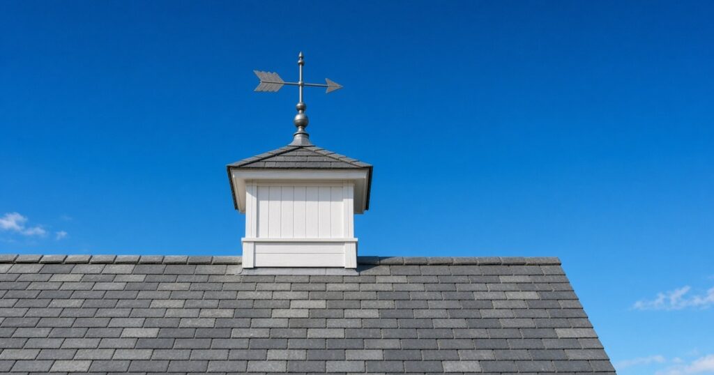 A small white cupola with an arrow weathervane on a gray shingled roof under a blue sky.