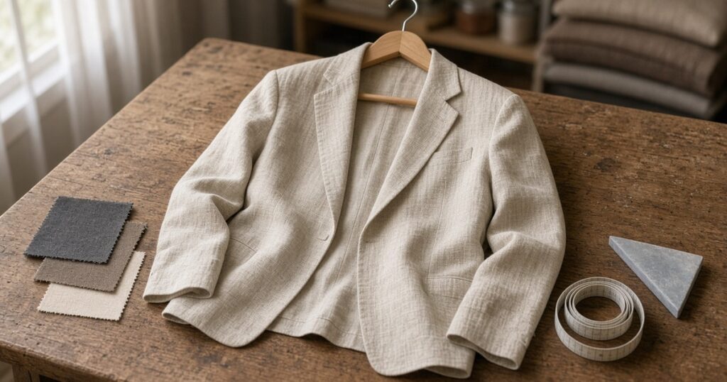 A plain linen jacket on a wooden hanger on a sewing studio table beside fabric swatches and a tape measure.