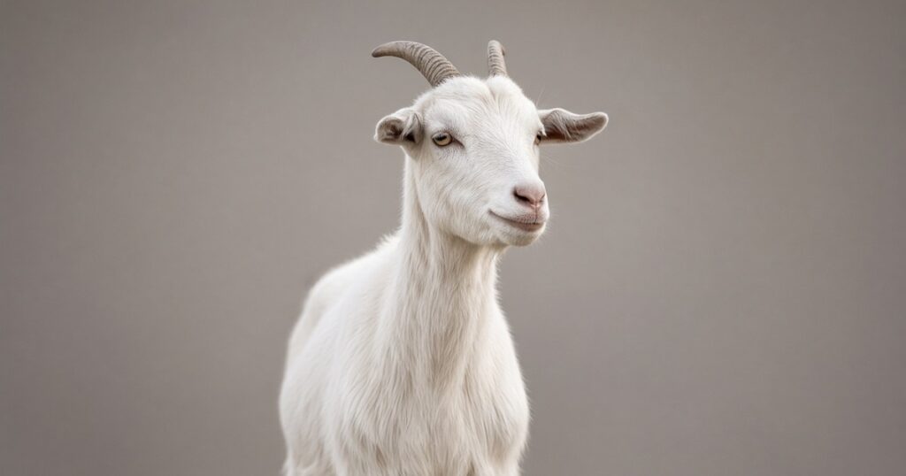 A white goat with short curved horns standing calmly against a plain soft gray background.