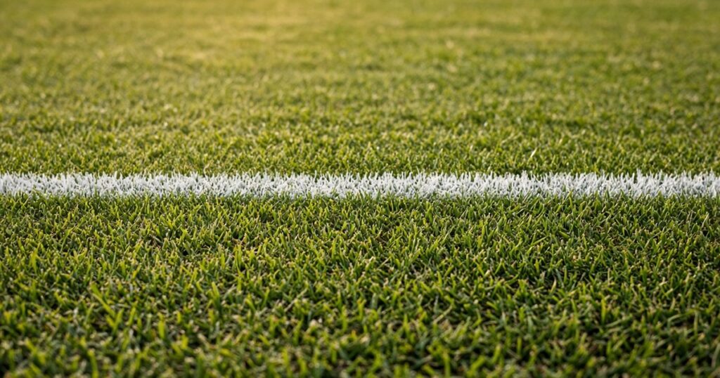 A straight painted white line runs across short green grass in soft late afternoon light.