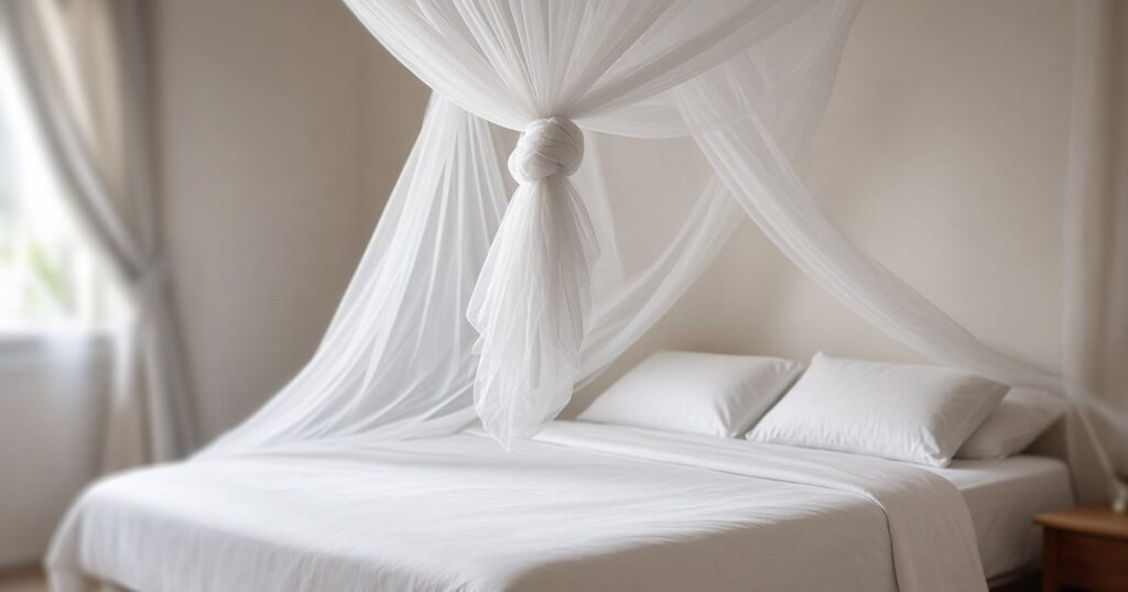 A white mosquito net, knotted at the top, hangs around a neatly made, empty bed with white sheets in a softly lit room.