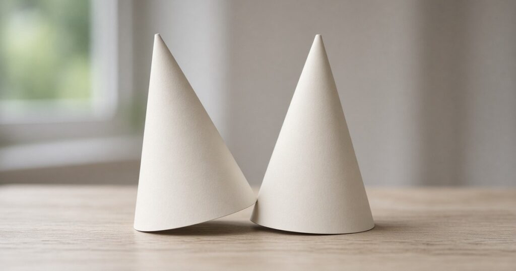 Two plain cream paper cone hats stand on a pale wooden table, the left one leaning against the right, in soft window light.