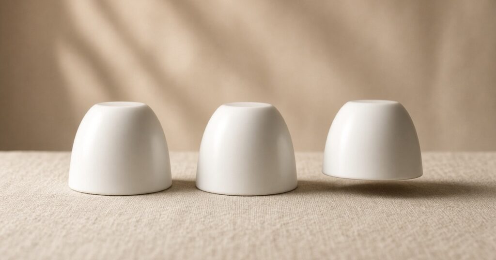 Three upturned white cups sit in a row on a linen cloth, the one on the right lifted slightly with only its shadow beneath.