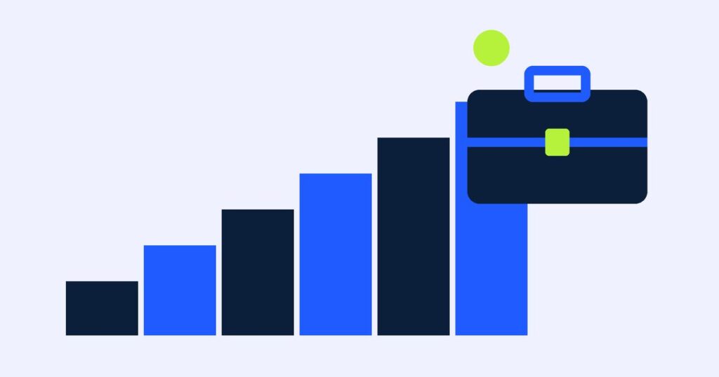 Flat illustration for the career category: ascending bars and a briefcase in navy, blue and lime