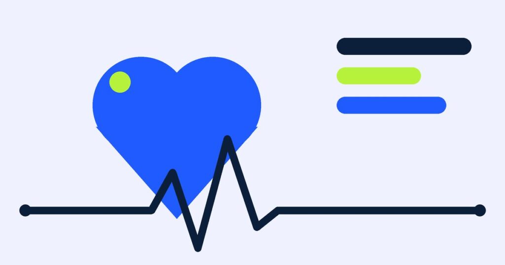Flat illustration for the health category: a heart and pulse line in navy, blue and lime