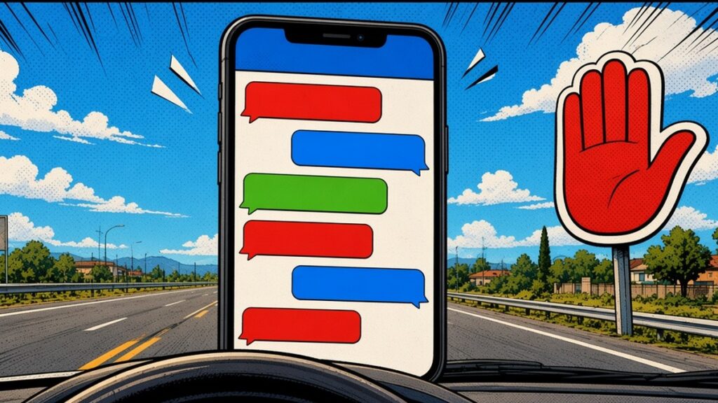 Comic-style illustration of a smartphone full of chat bubbles rising over a steering wheel rim beside a raised-hand stop sign.