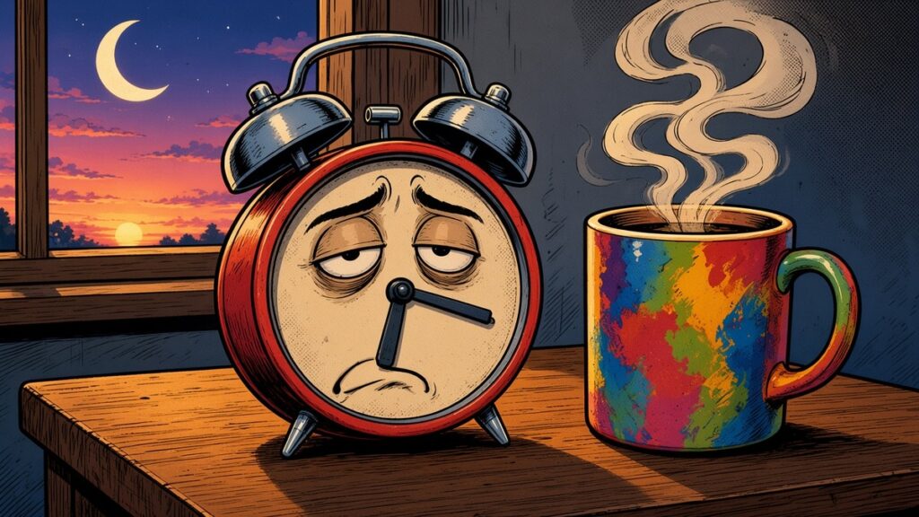 Comic-style illustration of a sleepy alarm clock beside a steaming painted mug, with a crescent moon over a sunrise in the window.