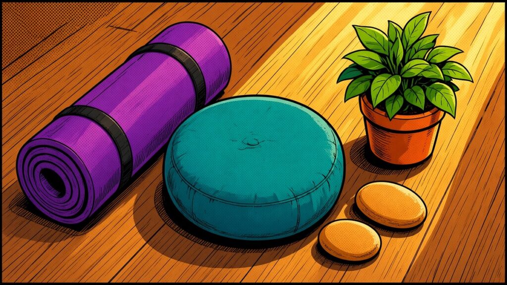 Comic-style illustration of a rolled yoga mat, a meditation cushion and a pair of massage stones on a sunny wooden floor.