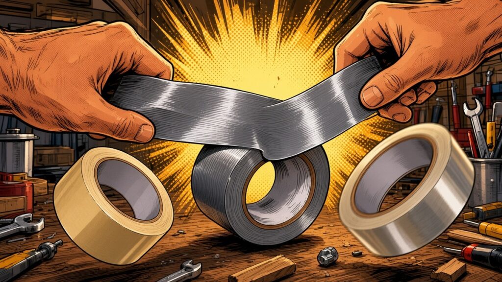 Comic-style illustration of two hands pulling a strip of duct tape off a roll as two more tape rolls bounce across a workbench.